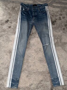 AMIRI Blue Denim Skinny Jeans with White Side Stripes